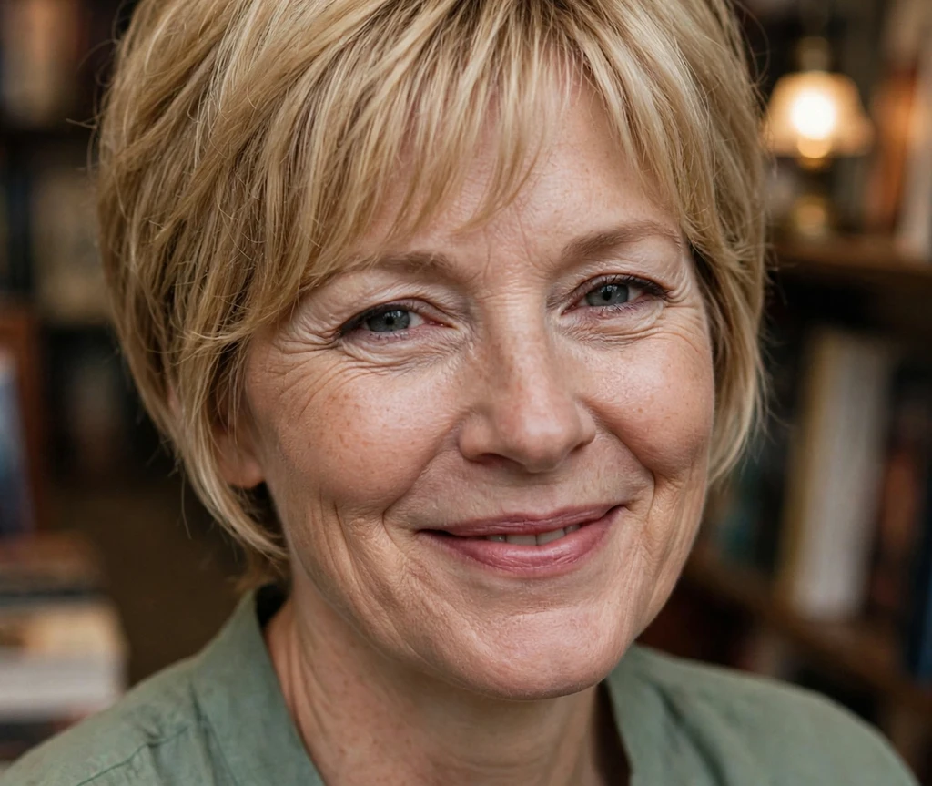 Honey blonde pixie bob with a curtain fringe on a woman