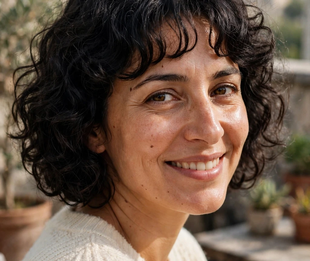 Curly dark bob with curtain bangs on a smiling woman