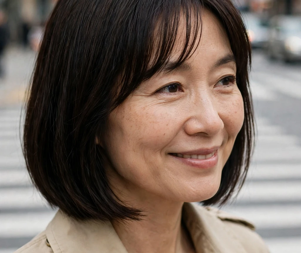 Blunt dark bob with soft curtain bangs on a woman