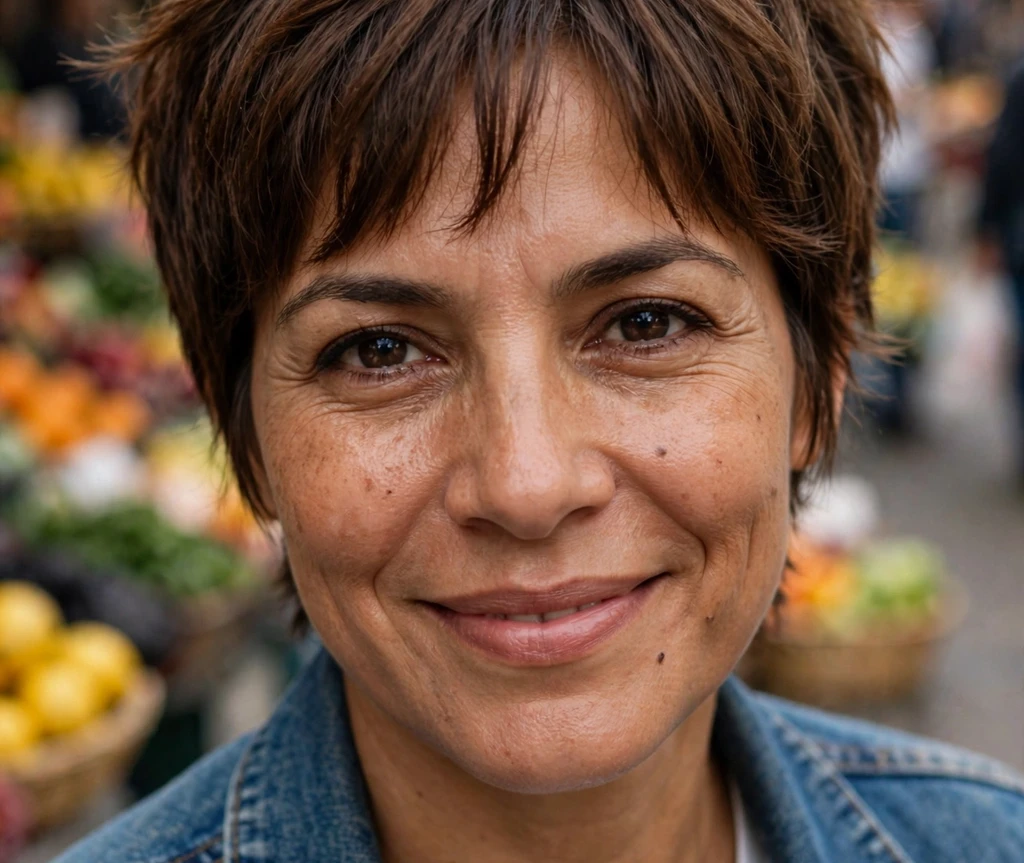 Choppy chestnut pixie with curtain bangs on a woman