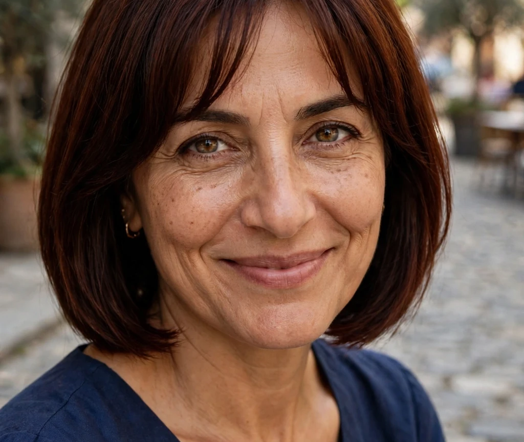 Dark auburn ear-length bob with curtain bangs on a woman