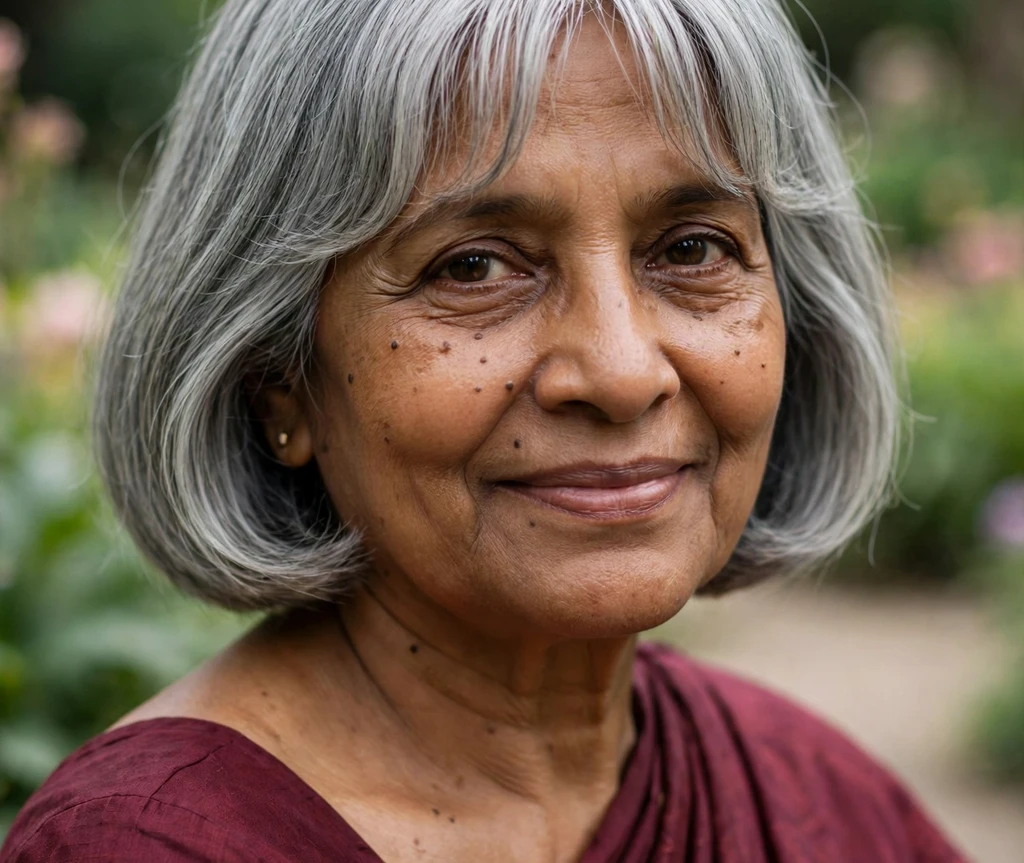 Classic silver-gray bob with curtain bangs on an older woman