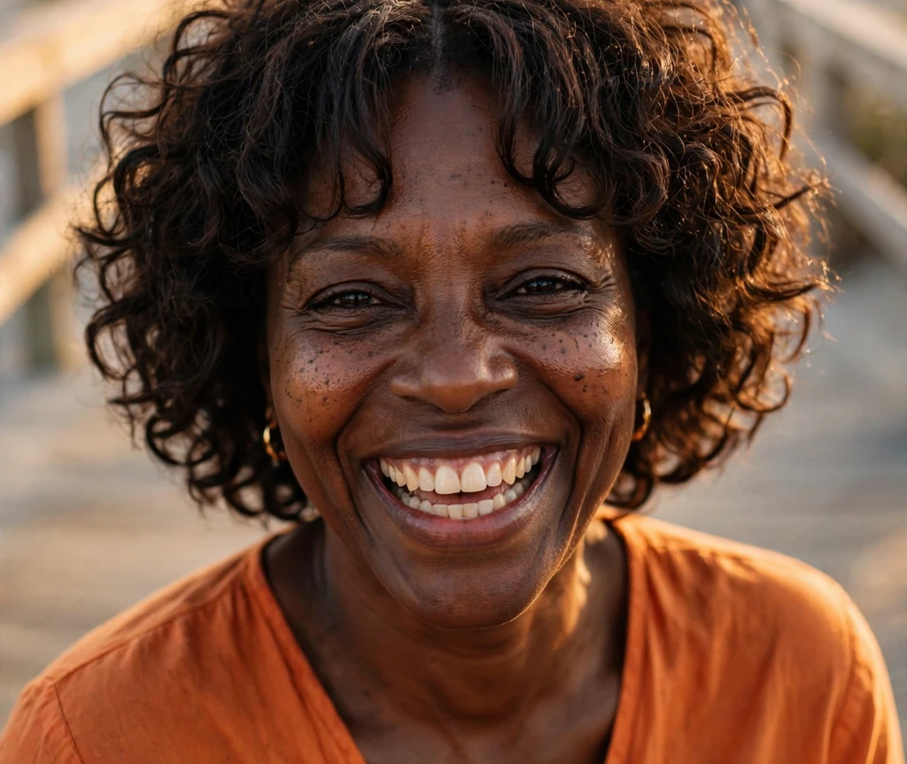 Curly short shag with curtain bangs on a joyful woman