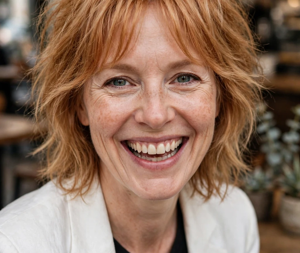 Strawberry blonde textured bob with curtain bangs on a woman