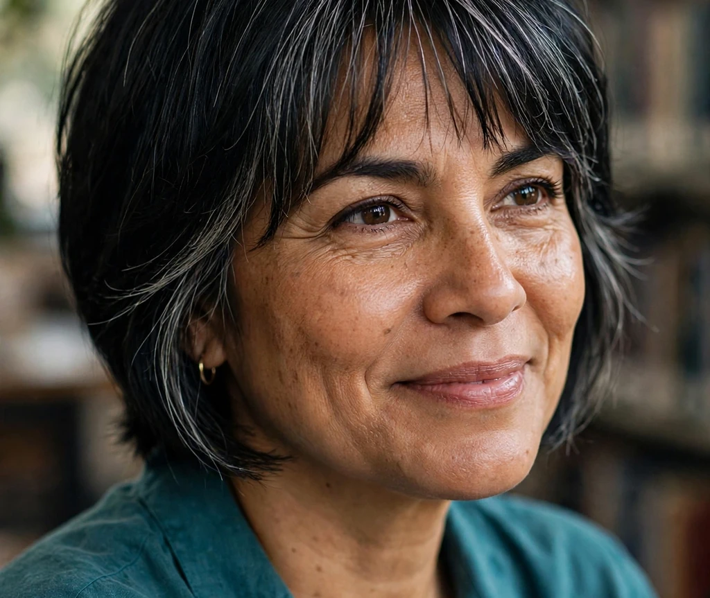 Black bob with silver-framed curtain bangs on a woman
