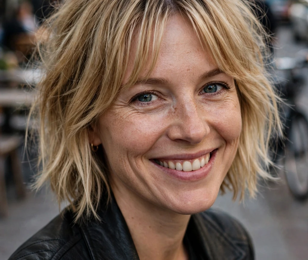 Messy dirty-blonde bob with curtain bangs on a young woman