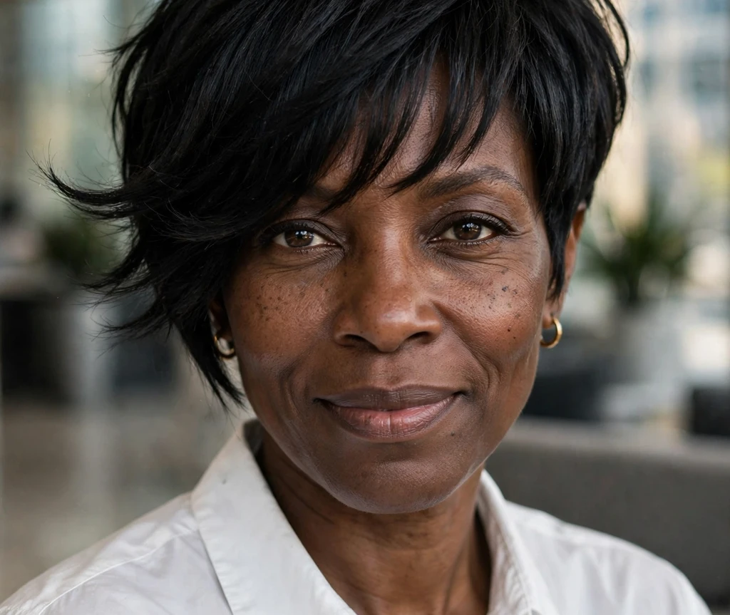 Asymmetrical jet-black pixie with a curtain fringe