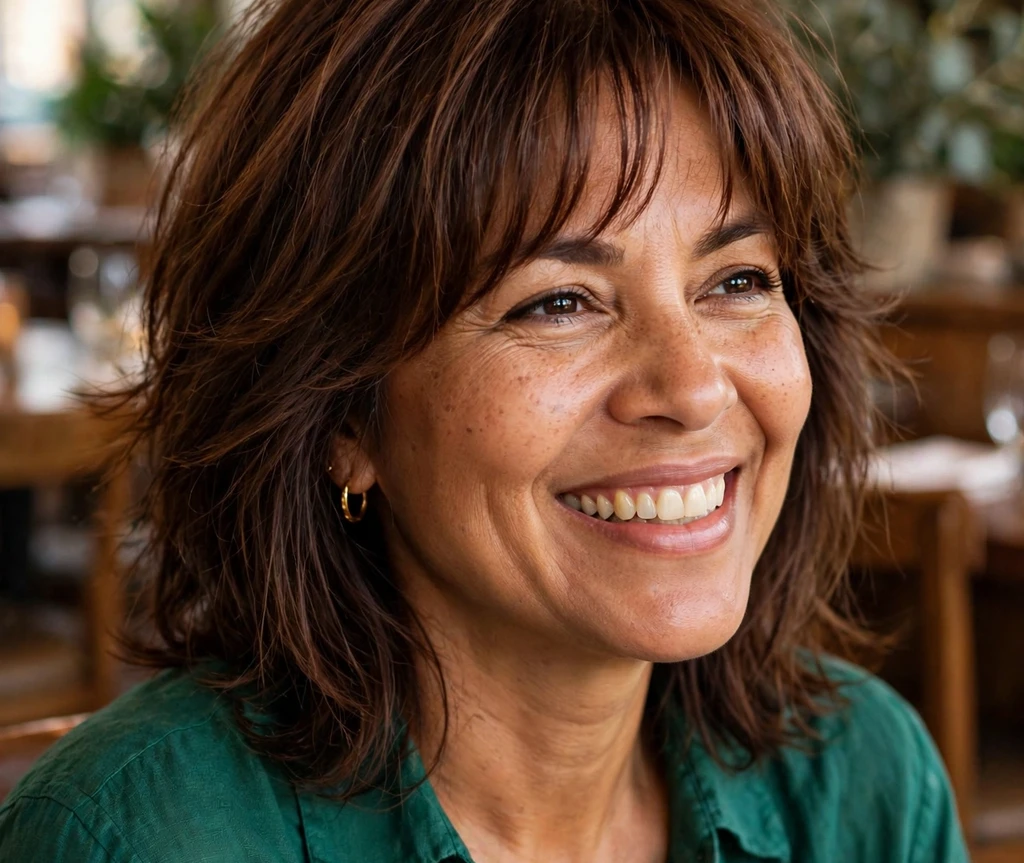 Textured brown bob with curtain bangs on a smiling woman