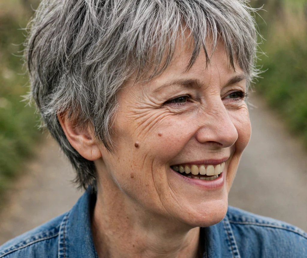 Shaggy gray pixie with curtain bangs on a woman