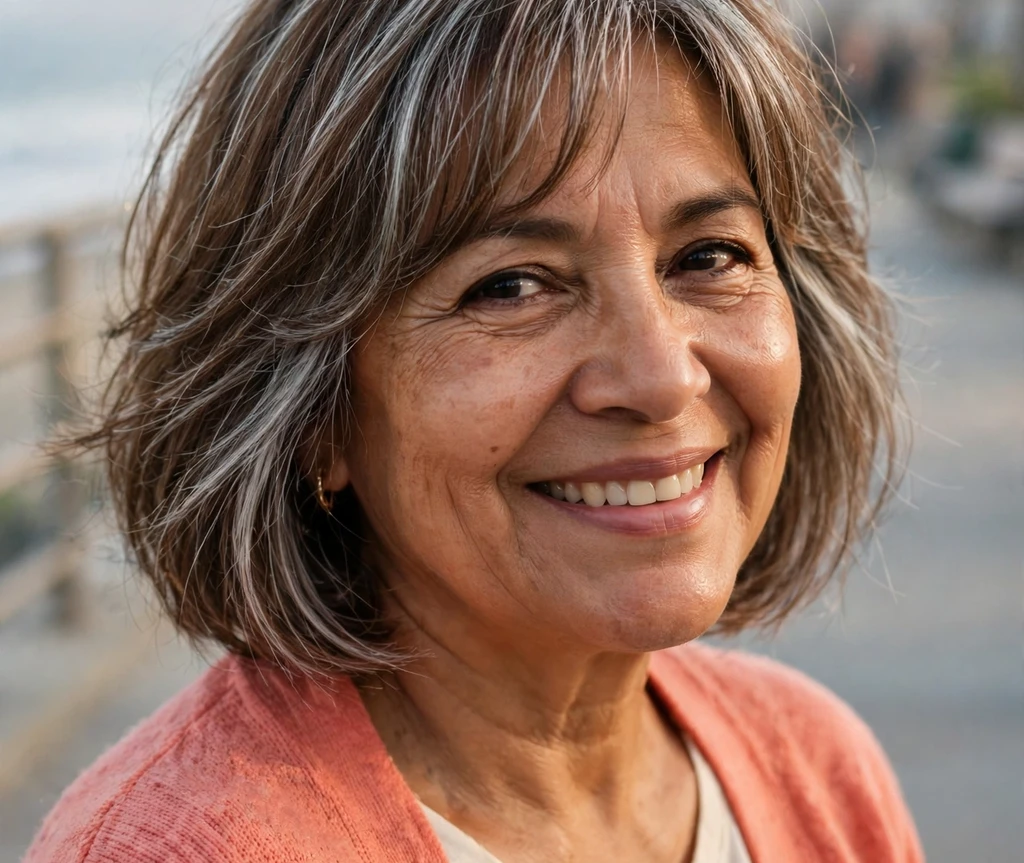 Silver-streaked feathered bob with curtain bangs