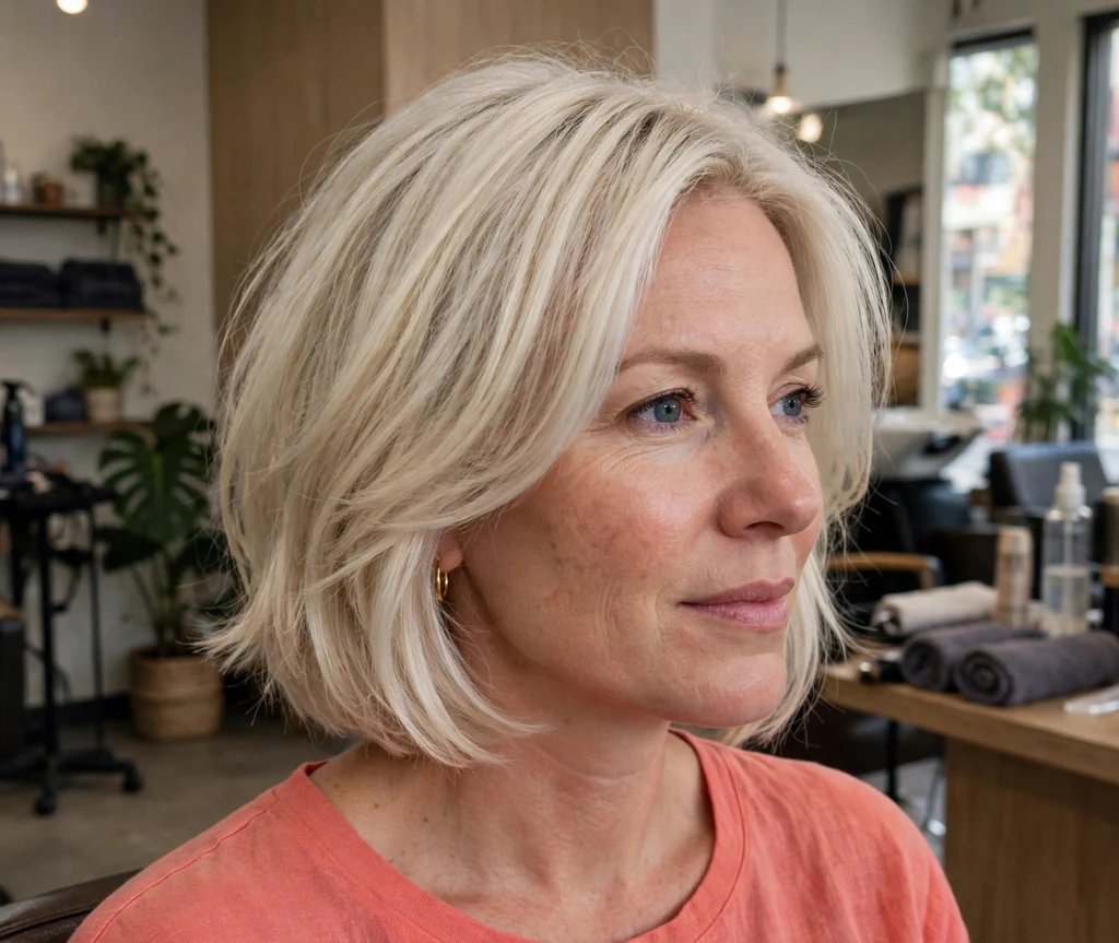White woman in her late thirties with a platinum blonde classic chin-length layered bob with subtle volume at a salon