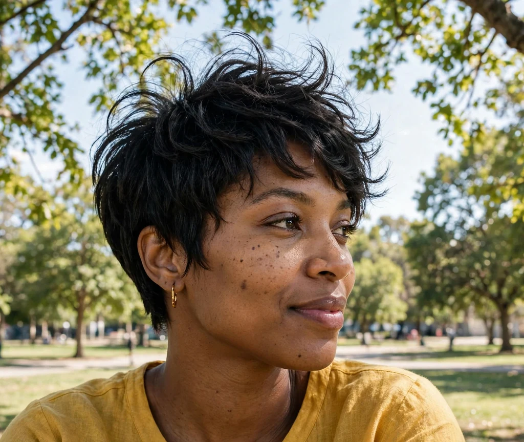 Black woman in her late twenties with a feathered pixie cut with soft wispy layers in a park