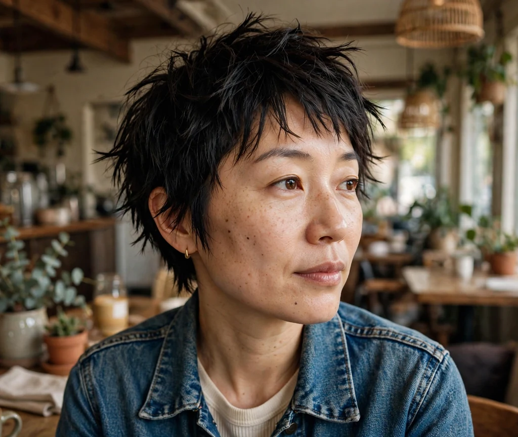 East Asian woman in her mid thirties with a choppy textured pixie with piecey layers at a cafe