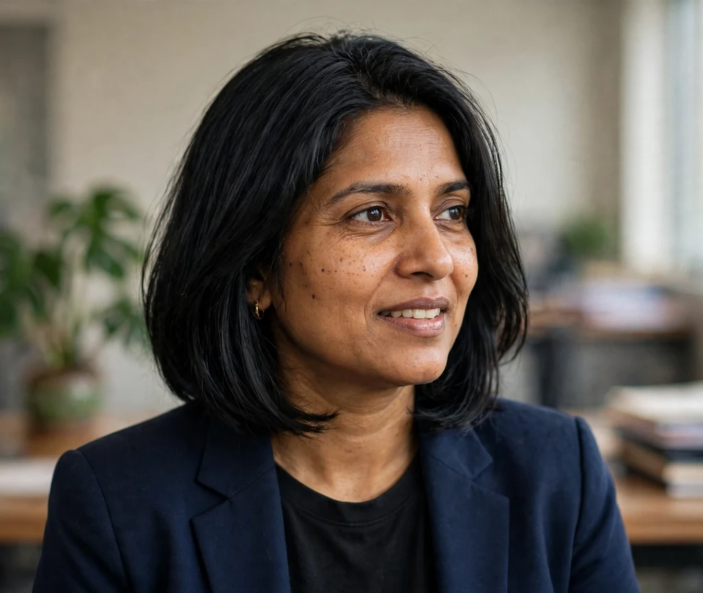 South Asian woman in her late thirties with a layered A-line bob, longer in front, in an office