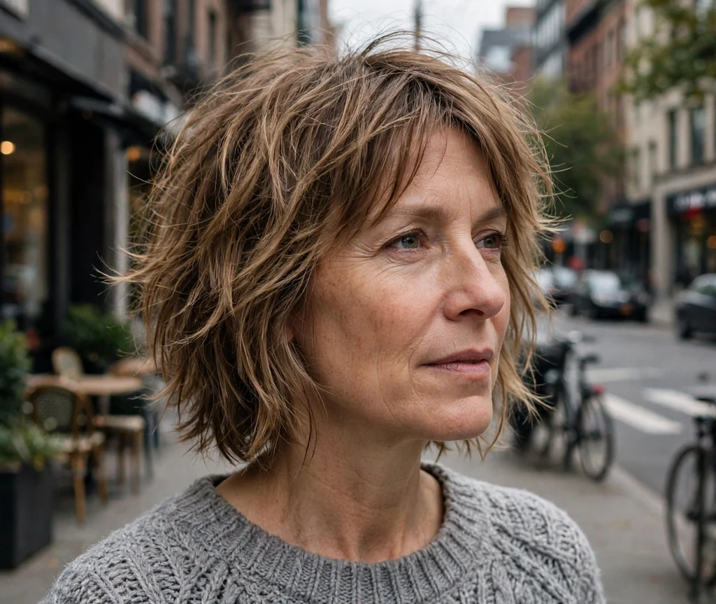 White woman in her mid forties with a wispy shaggy bob with razored layers on a city street