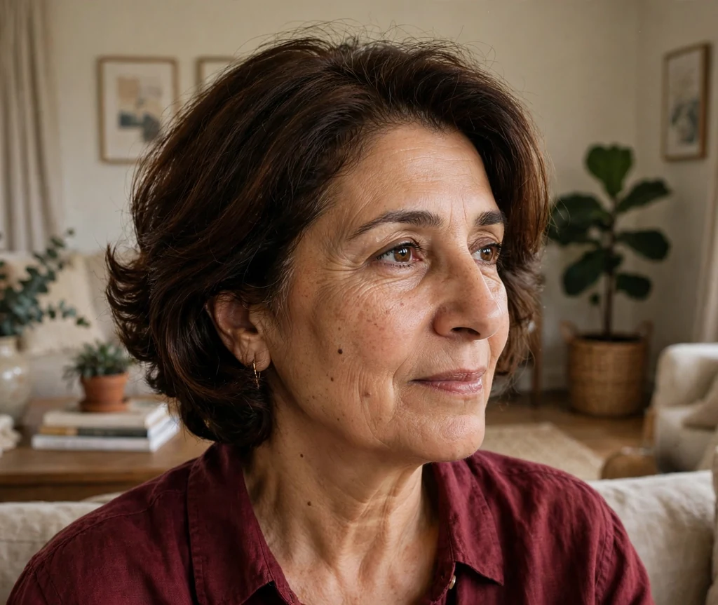 Middle Eastern woman in her early fifties with a graduated stacked bob with volume at the crown at home