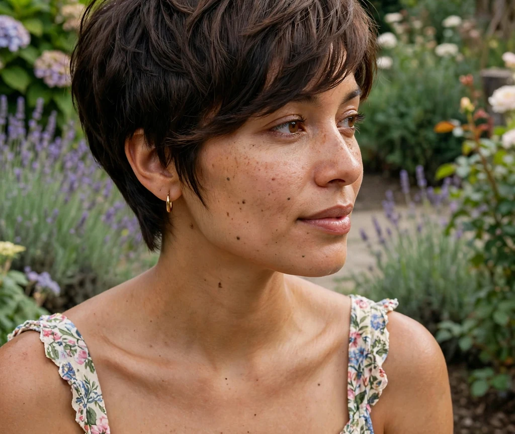 Mixed-race woman in her late twenties with a side-swept layered pixie with long fringe in a garden