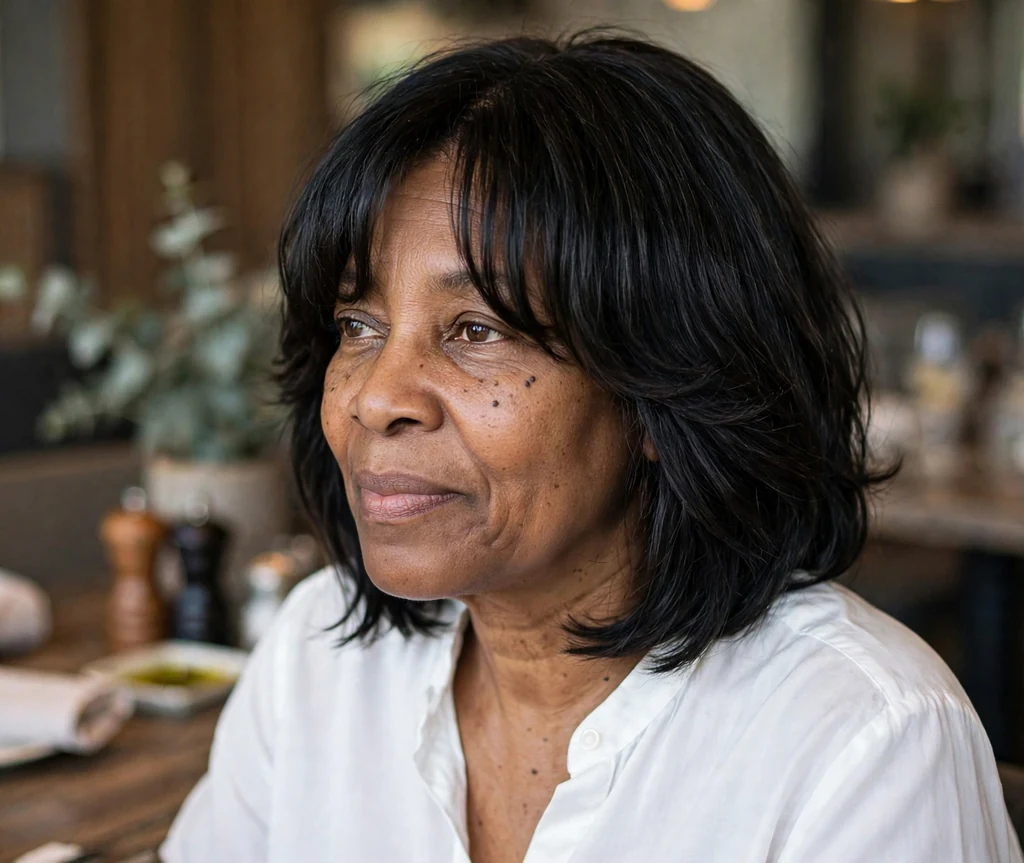 Black woman in her early forties with a layered bob and soft curtain bangs framing her face at a restaurant