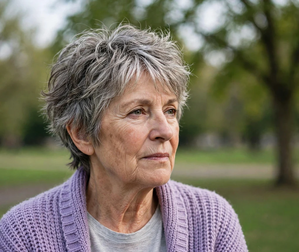 White woman in her early sixties with a tousled layered crop with silver highlights in a park