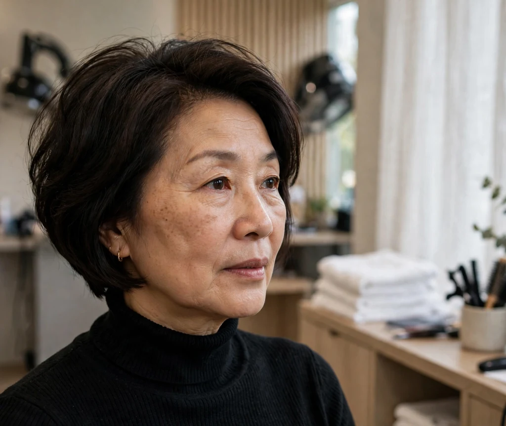East Asian woman in her late forties with an inverted bob with hidden interior layers in a salon