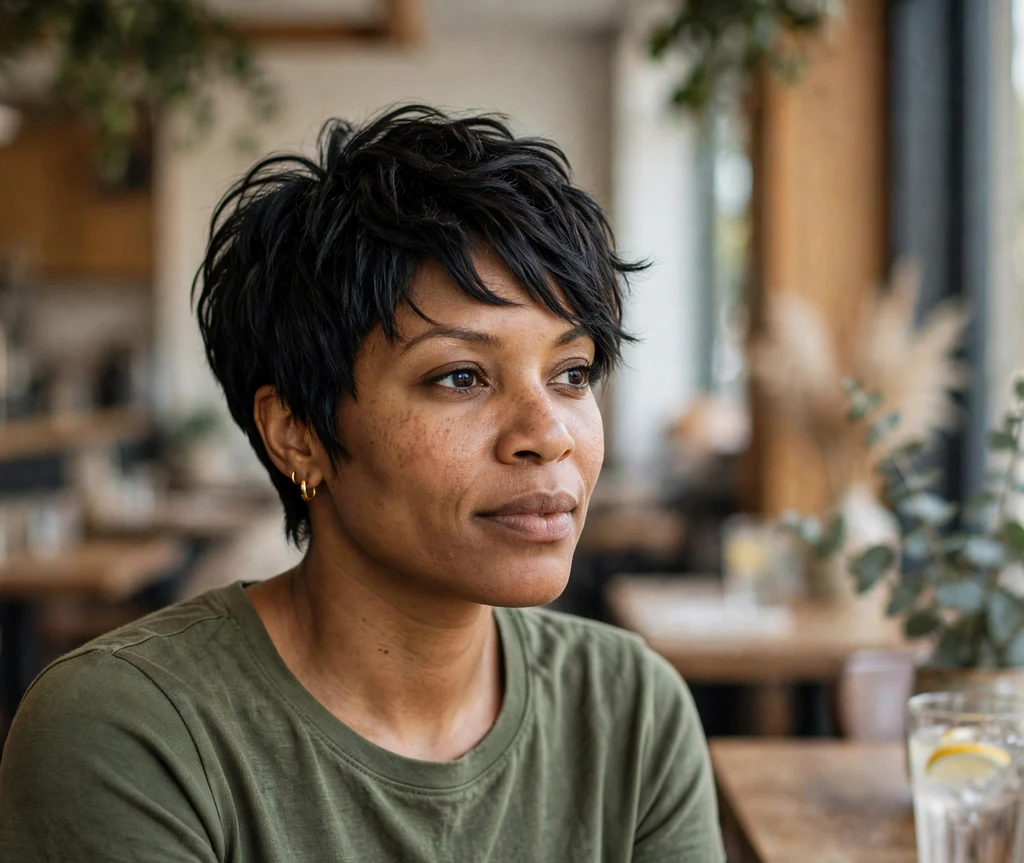 Black woman in her mid thirties with a piecey pixie-bob haircut with textured layers at a cafe