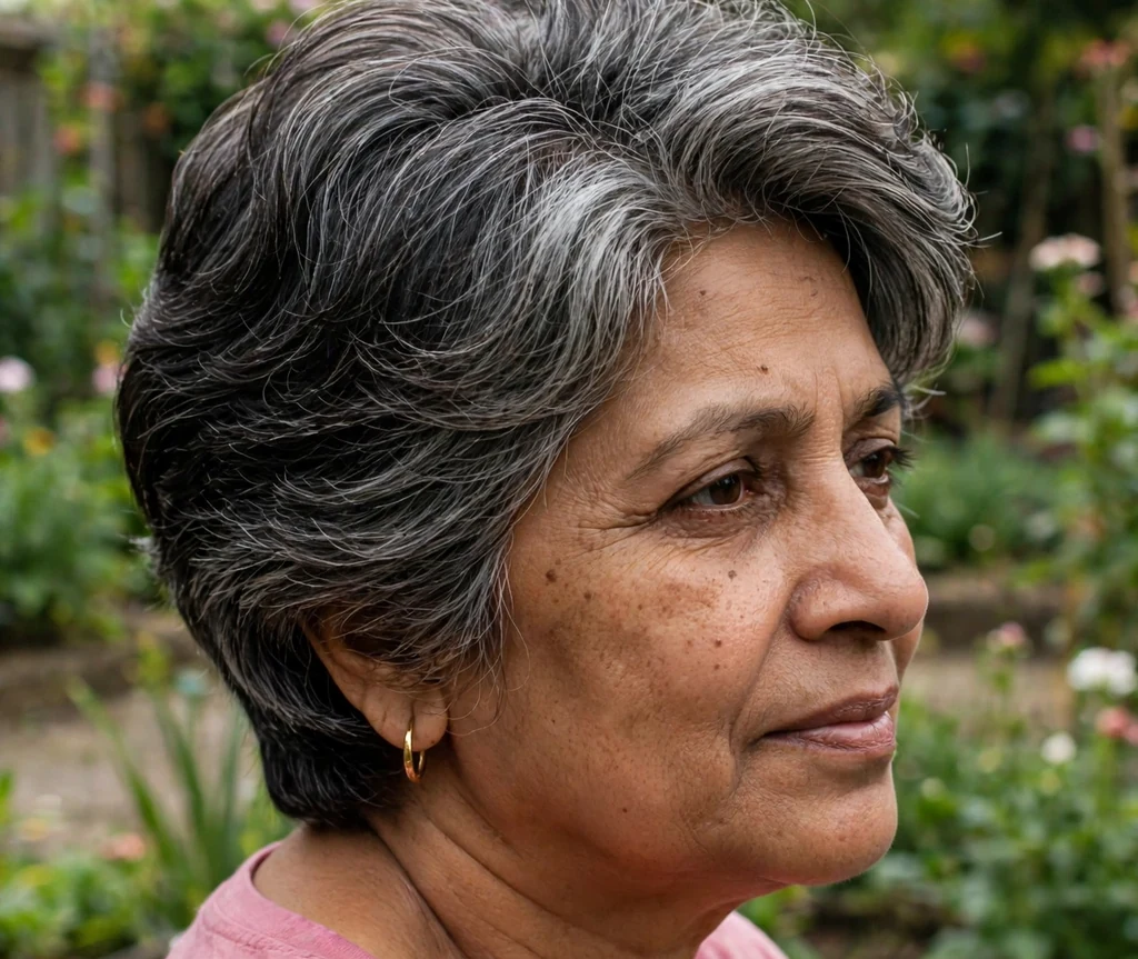 South Asian woman in her mid fifties with a soft layered wedge haircut with volume at the crown in a garden