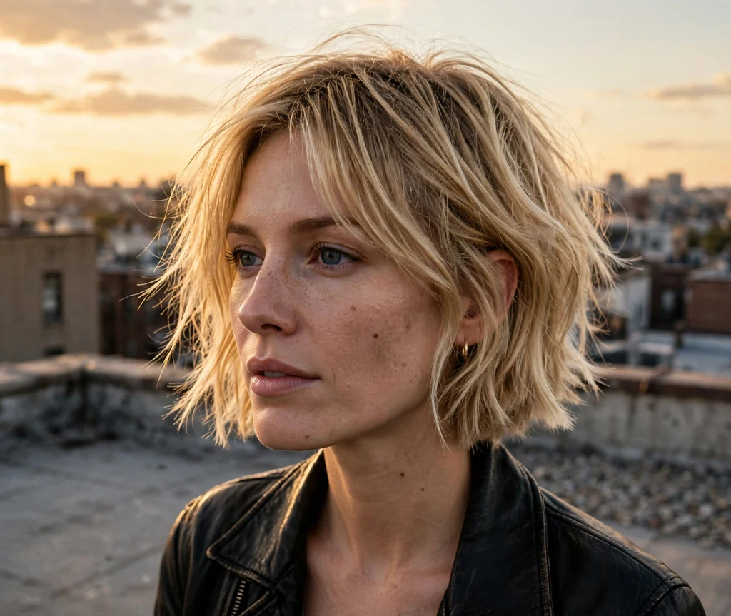 White woman in her late twenties with a razored layered bob with wispy textured ends on a rooftop