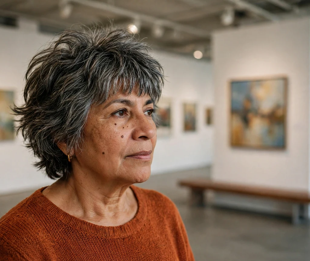 Latina woman in her late fifties with a volume-boosting short shag with choppy layers at an art gallery