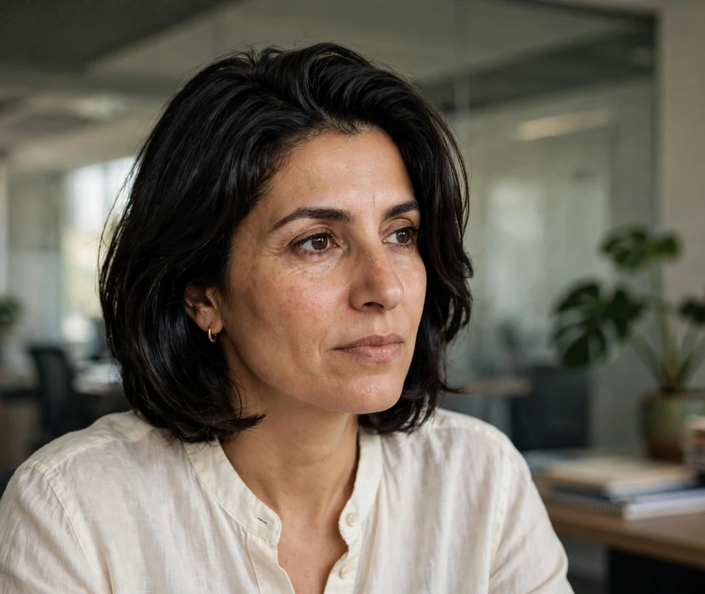 Middle Eastern woman in her late thirties with a layered bob and dramatic deep side part in an office