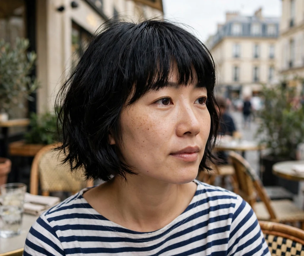 East Asian woman in her early thirties with a textured French bob with soft layers and full fringe in a parisian-style cafe