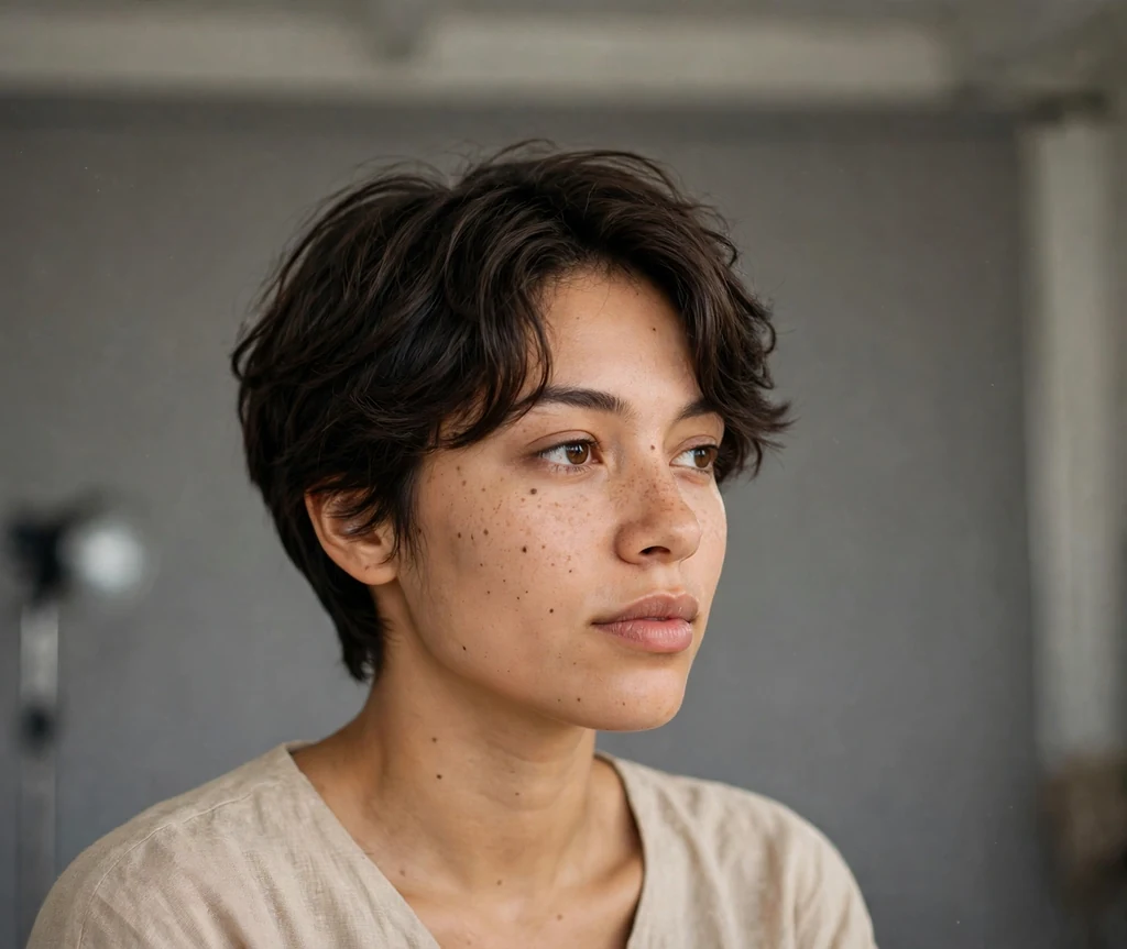 Mixed-race woman in her mid twenties with a modern textured bowl cut with soft layers in a studio