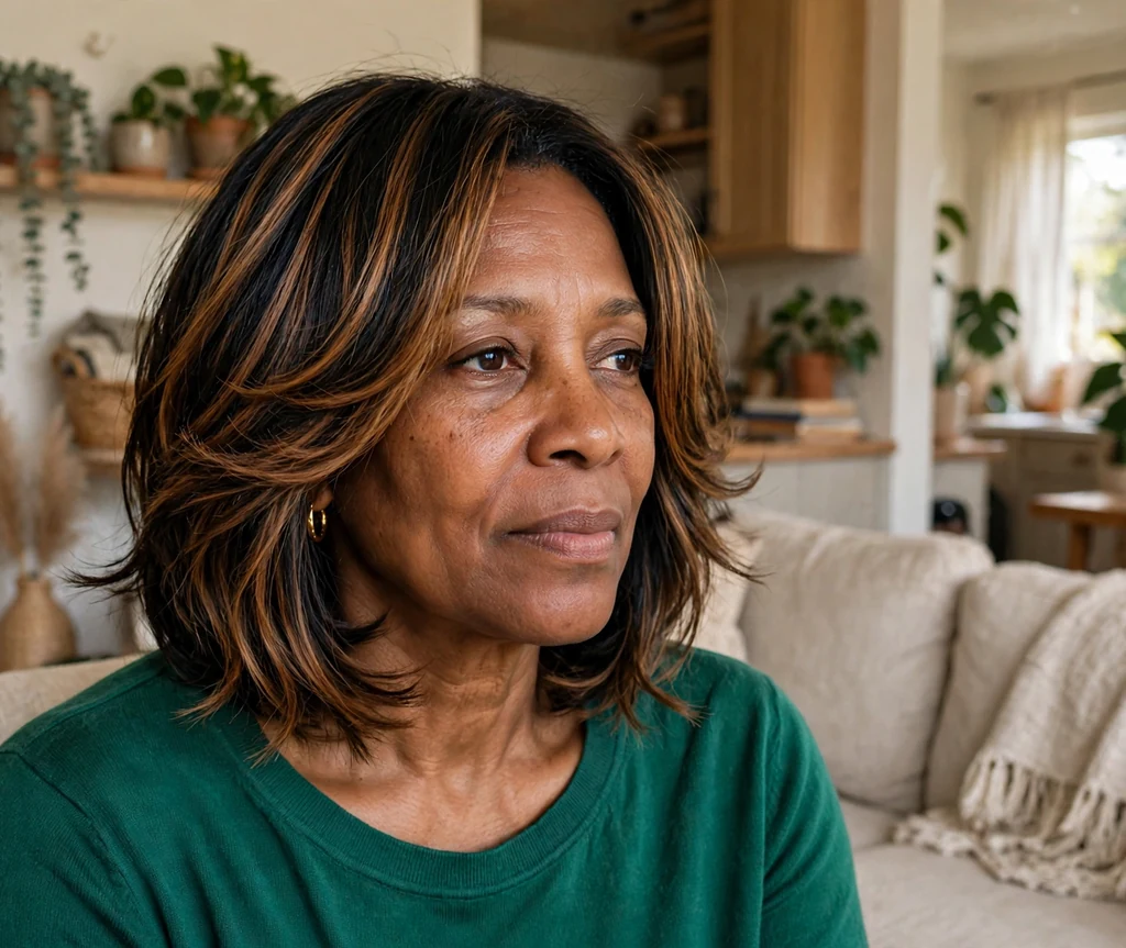 Black woman in her late forties with a feathered bob with face-framing layers and warm highlights at home