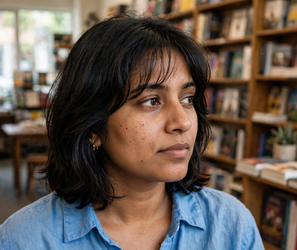 South Asian woman in her early thirties with a layered bob and wispy see-through bangs in a bookstore