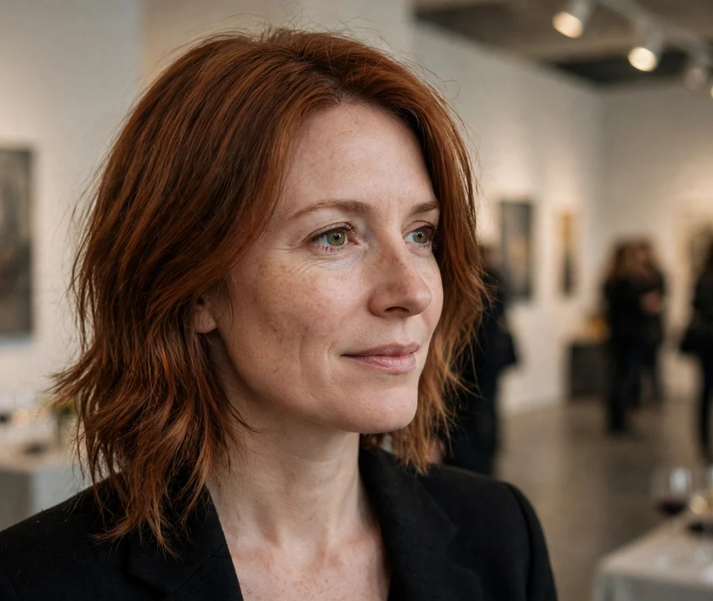 White woman in her mid thirties with an asymmetric layered bob, one side longer, at a gallery opening