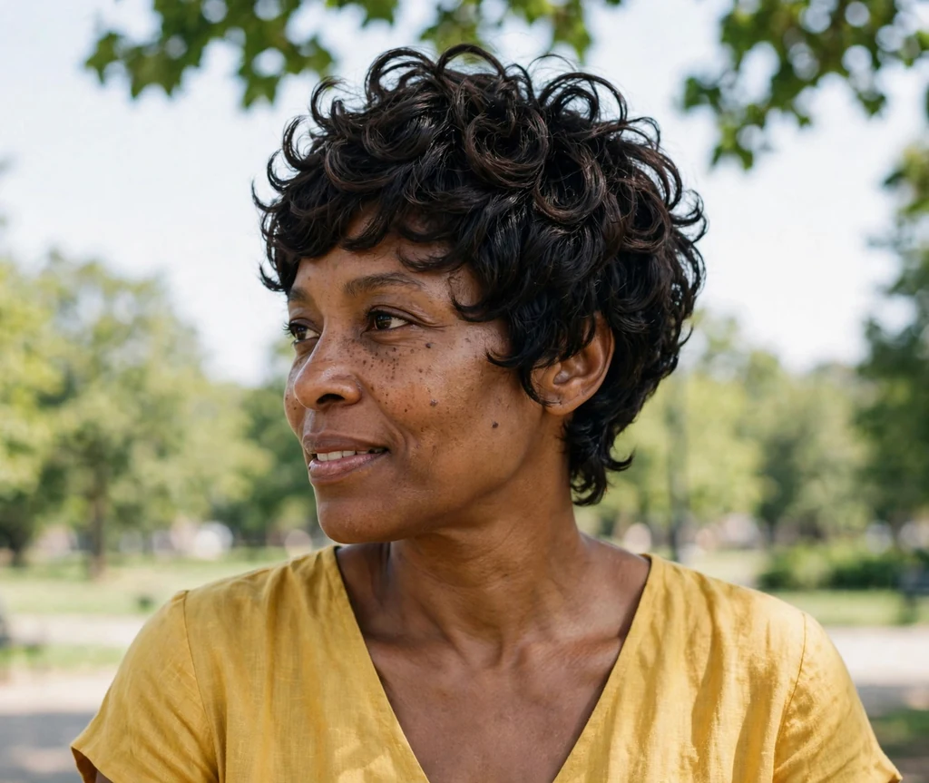 Black woman in her early forties with a curly layered pixie with defined natural curls outdoors