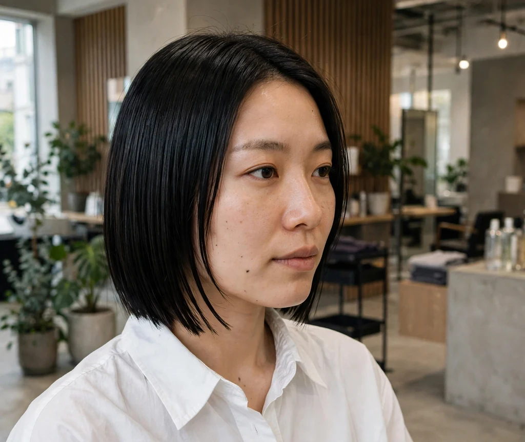 East Asian woman in her late twenties with a layered blunt bob with a sharp clean perimeter in a modern salon