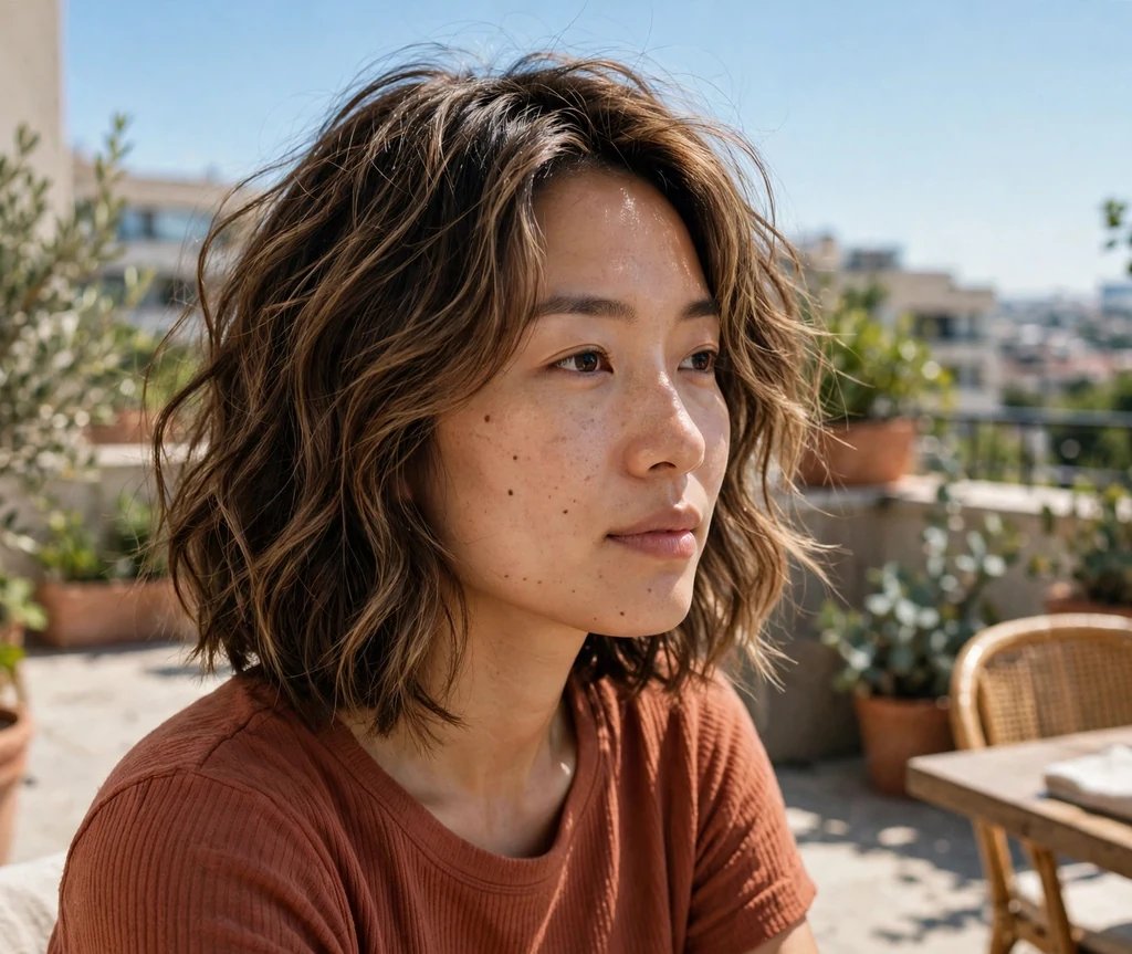 East Asian woman in her late twenties with a wavy layered bob with beachy texture on a terrace