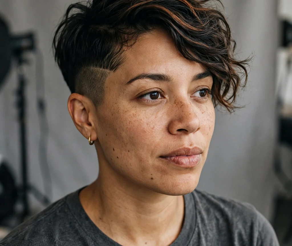 Mixed-race woman in her early thirties with an undercut pixie with long textured layers on top in a studio