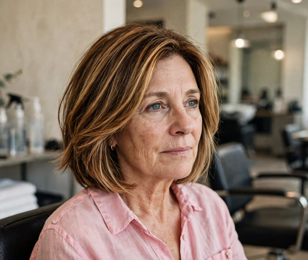 White woman in her late forties with a layered bob with dimensional caramel balayage in a salon chair