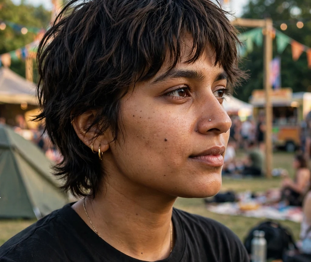 South Asian woman in her mid twenties with a short shaggy haircut and curtain fringe at a music festival