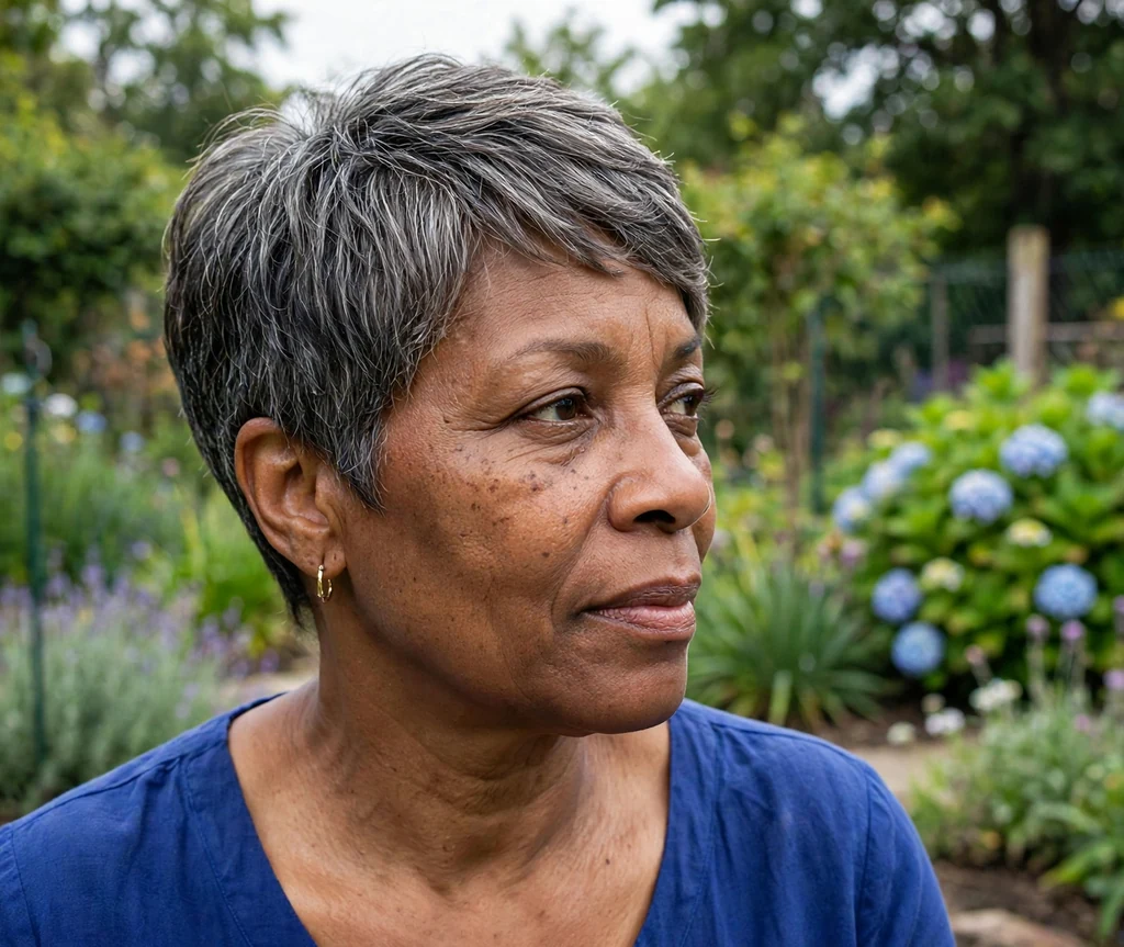 Black woman in her mid fifties with a tapered pixie with soft feminine layers in a garden