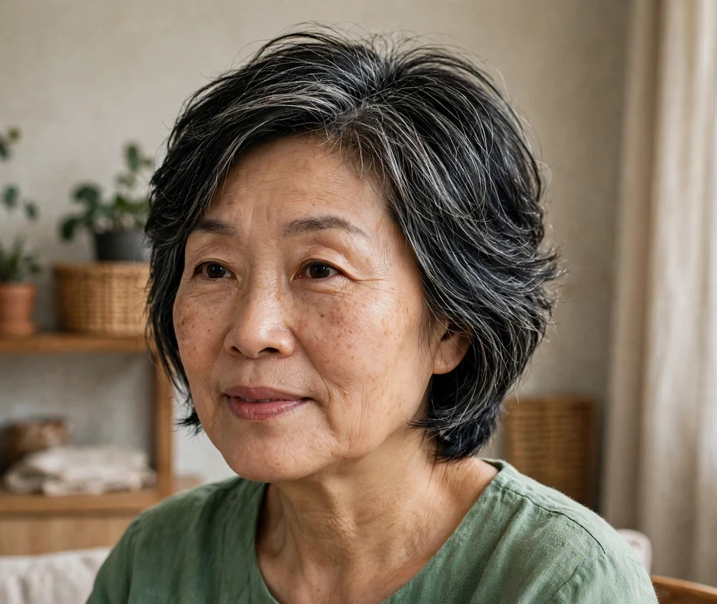 East Asian woman in her mid fifties with an ear-length layered crop with soft volume at home