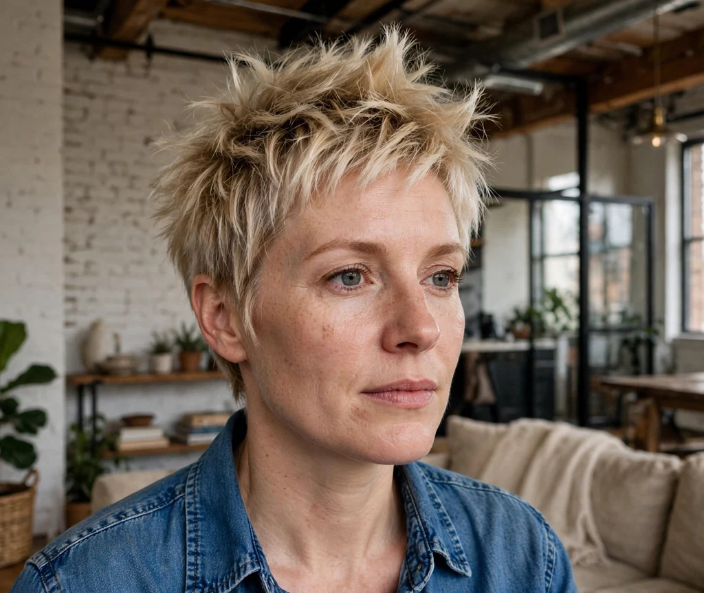 White woman in her early thirties with a soft spiky layered pixie with textured points in a loft