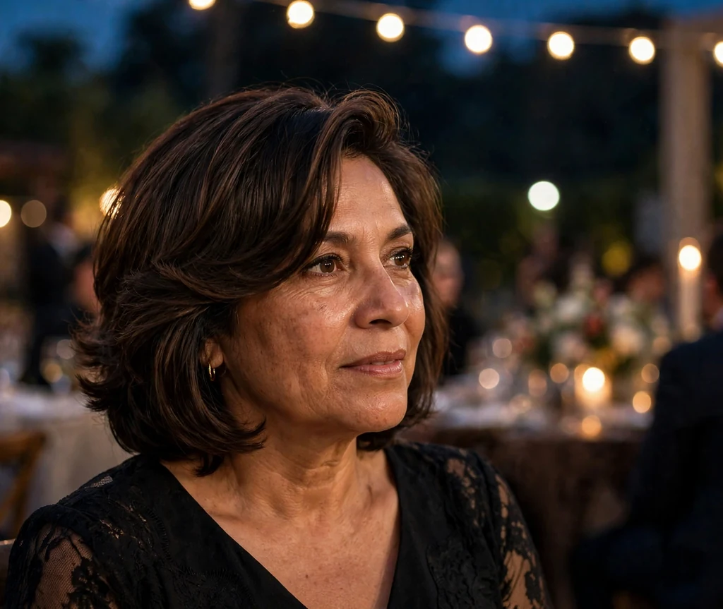 Latina woman in her mid fifties with a layered bob with a deep glamorous side sweep at an event