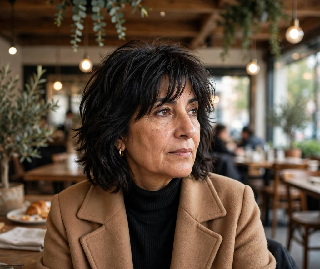 Middle Eastern woman in her early forties with a jaw-length layered shag with curtain bangs in a cafe