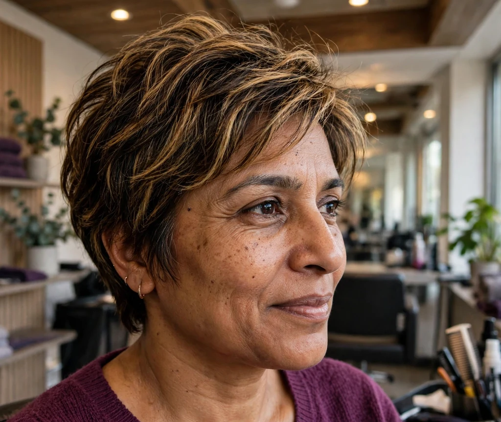 South Asian woman in her late forties with a textured layered short cut with honey highlights in a salon