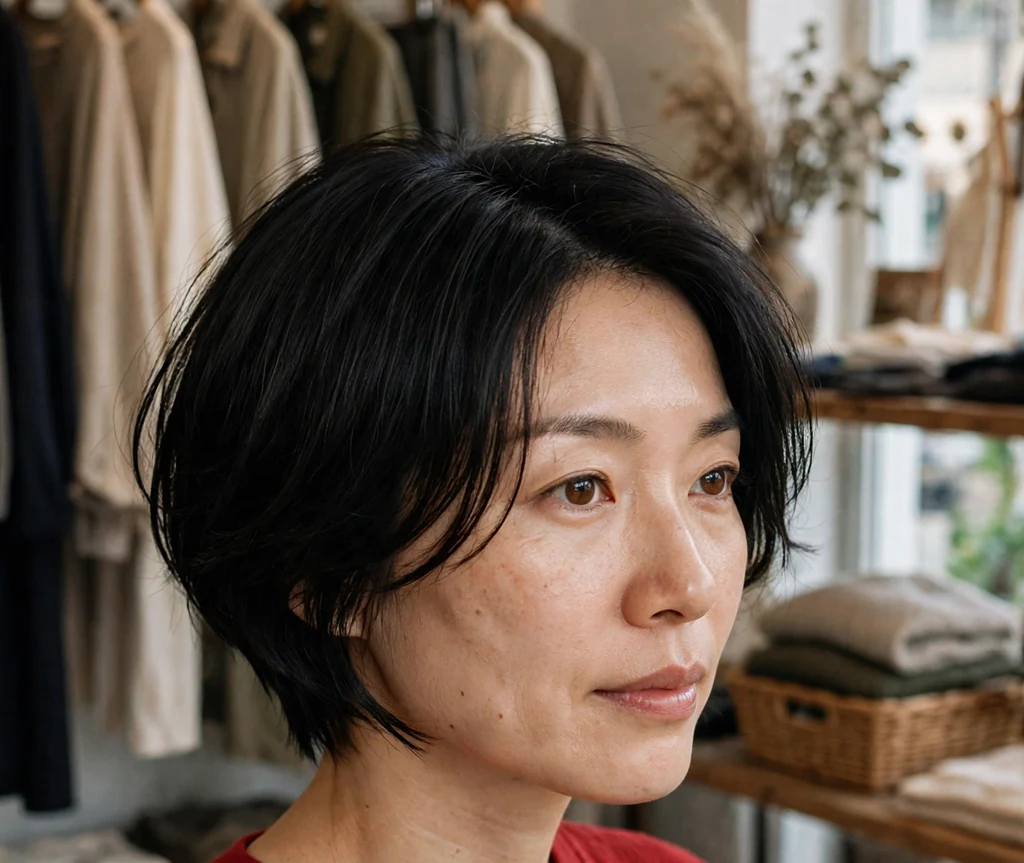 East Asian woman in her mid thirties with an airy layered mini bob above the jawline in a boutique