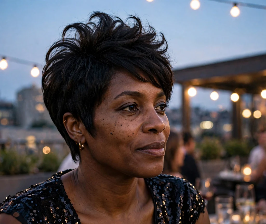 Black woman in her late thirties with a voluminous layered pixie with height at the crown at a rooftop party