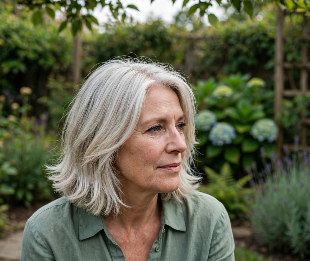 White woman in her mid fifties with a layered bob with softly feathered ends in a garden