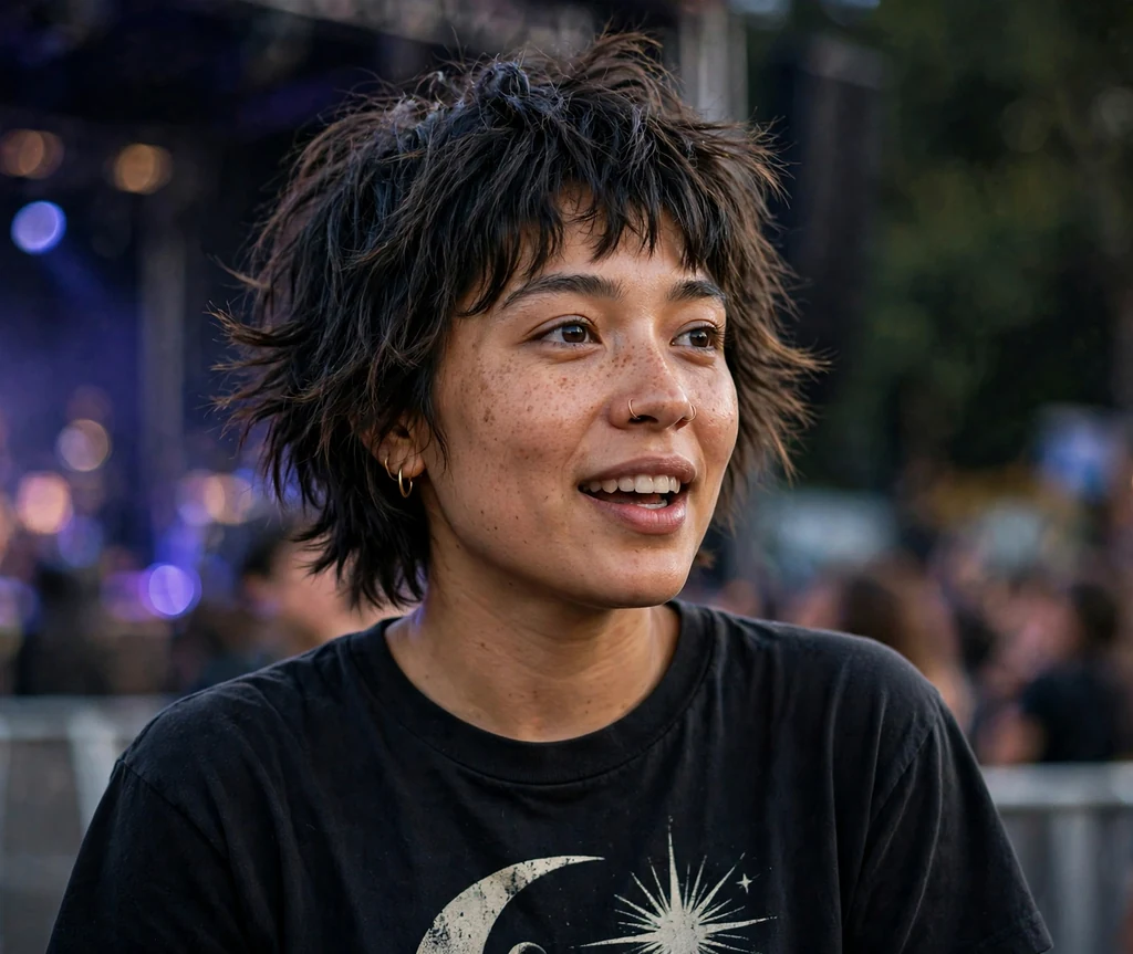 Mixed-race woman in her late twenties with a short layered wolf cut with shaggy texture at a concert